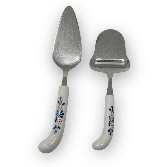 Lord & Taylor Blue White Stainless Steel Ceramic Cheese Slicer & Cake Server - Picture 1 of 9